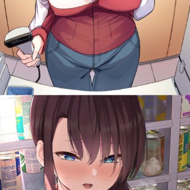 1boy, 1girls, 7-eleven, before and after, blue eyes, bra, breast grab, brown hair, cashier, convenience store, employee uniform, female, grabbing, groping, heart