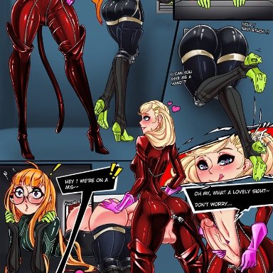 1futa, 1girls, anal, anal sex, ann takamaki, ass, big ass, big penis, blonde hair, blush, blush, bodysuit, bulge, fat ass, female