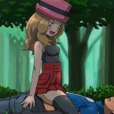 animated, animated, black hair, blonde hair, blonde hair, blue eyes, bouncing breasts, brown skin, clothed sex, cowgirl position, dagger (artist), edit, feet, forest, hat