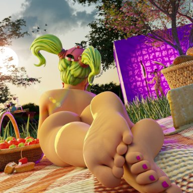 1girls, 2girls, 3d, ass, feet, feet together, foot fetish, foot focus, fortnite, fortnite: battle royale, green hair, nature, outside, picnic, public