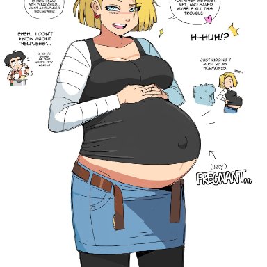 1boy, 1girls, android 18, breasts, dr-worm, dragon ball, dragon ball z, female, huge belly, krillin, lewdlemage, male, pregnant, ready to pop, speech bubble