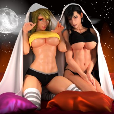 2girls, 3d, abs, adeptusinfinitus, bed, big breasts, blender, blonde hair, dark hair, final fantasy, fit, ghost, halloween, joke, kneeling