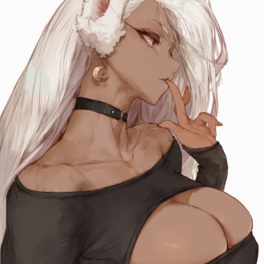 1girls, absurd res, animal ears, artist signature, big breasts, boob window, breasts, bunny ears, bunny girl, choker, cleavage, cutesexyrobutts, dark-skinned female, dark skin, earrings