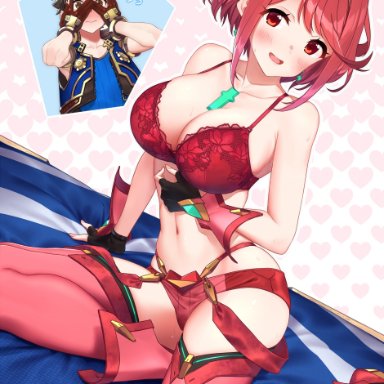 baffu, bed, boni (artist), breasts, nintendo, on bed, pyra, red eyes, red hair, rex (xenoblade), tagme, underwear, white skin, xenoblade (series), xenoblade chronicles 2