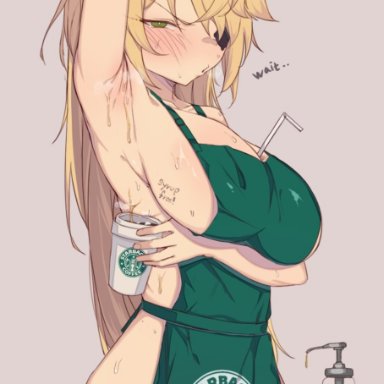 apron, armpits, between breasts, black eyepatch, black ribbon, blonde hair, blush, brand name imitation, breasts, coffee, commentary, commentary request, cup, english commentary, eyepatch