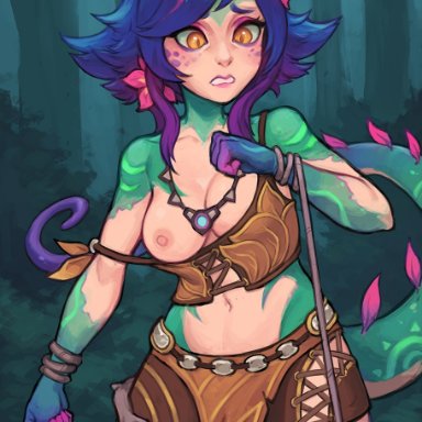 1girls, blue hair, breasts, exposed breasts, league of legends, necklace, neeko, nipples, one breast out, orange eyes, partially clothed, restrained, roots, sneakveek, solo