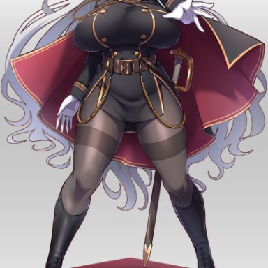 belt, big breasts, boots, cape, chains, female, full body, fully clothed, gloves, long hair, military hat, military uniform, original, pantyhose, red eyes