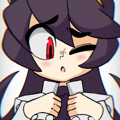 1girls, animated, animated gif, black hair, blush, breasts, concerned, cute, diives, filia (skullgirls), jiggle, lab zero games, one eye closed, open mouth, red eyes