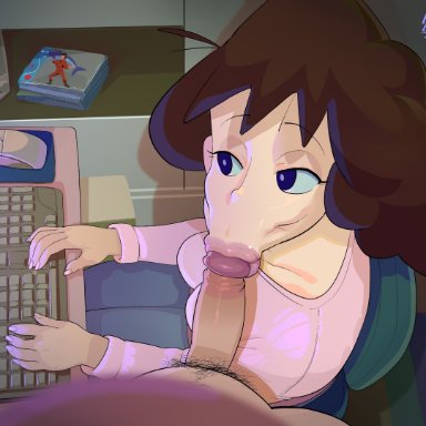 1boy, 1girls, :>=, absurdres, ahoge, black eyes, breasts, brown hair, cleavage, collarbone, computer, crayon shin-chan, crystalcheese, erection, eye contact