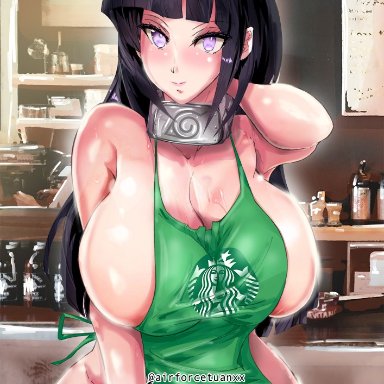 1girls, airforcetuan, apron, apron only, asian, asian female, bbw, big breasts, blue hair, blush, busty, cleavage, coffee, coffee shop, curvaceous