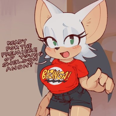 anthro, bat wings, bazinga, blush, clothed, furry, indoors, looking at viewer, reupload, rouge the bat, sonic (series), wamudraws