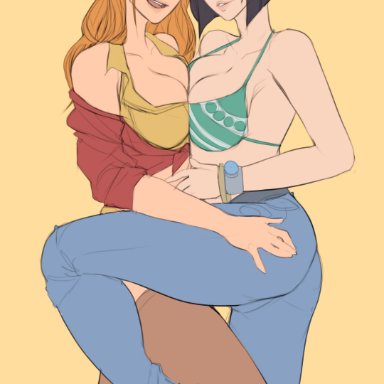 2girls, alternate costume, bikini top, black hair, breasts, cleavage, costume switch, cowboy bebop, crossover, faye valentine, faye valentine (cosplay), female only, green eyes, jeans, kalruna