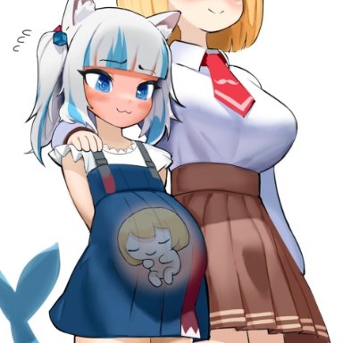 1futa, 1girls, 2021, :3, @ @, animal ear fluff, animal ears, areolae, arms behind back, bangs, bare arms, blonde hair, blue dress, blue eyes, blue hair