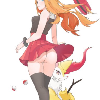 ass, black shirt, blue eyes, braixen, butt, duplicate, edit, fedora, fur, looking at viewer, looking back, no panties, orange hair, pokeball, pokemon