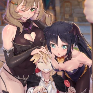 1boy, 3girls, absurdres, aether (genshin impact), age difference, aqua eyes, bare shoulders, bat hair ornament, bent over, black legwear, breasts, candy, cape, cleavage, cleavage cutout