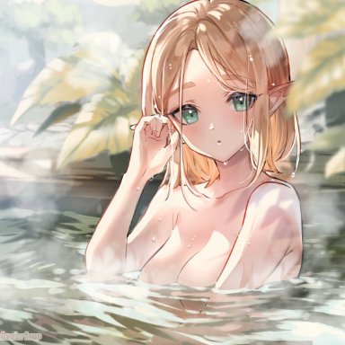 1girls, 2021, :o, artist name, bathing, blonde hair, blush, breasts, breath of the wild 2, cleavage, eyebrows visible through hair, female, female only, green eyes, hair tucking