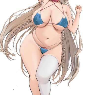 1girls, 2021, absurdres, azur lane, bikini, blue bikini, blush, braid, breasts, brown hair, cleavage, closed mouth, collarbone, criss-cross halter, curvy