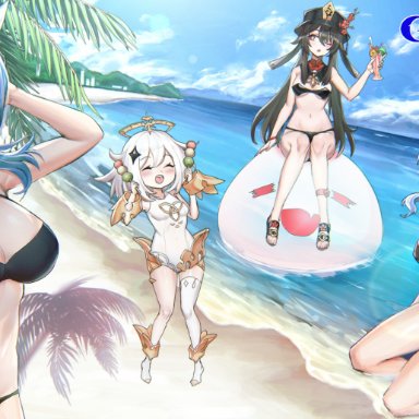 2021, 4girls, ^ ^, absurd res, ahoge, anniversary, arm up, barefoot, beach, bell, bikini, black bikini, blue hair, blush, breasts