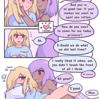 1futa, 1girls, anal fingering, balls, blonde hair, blush, bottomless, brown eyes, chastity cage, chastity device, clothed, clothing, comic, cute, dark-skinned female