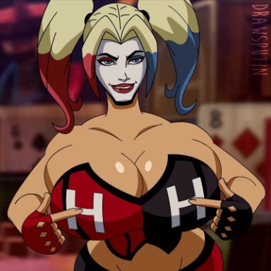 1girls, animated, bare shoulders, batman (series), big breasts, bouncing breasts, cleavage, dc, dc comics, drawsputin, female, female only, fingerless gloves, gloves, harleen quinzel