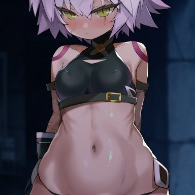 1girls, ass, back, bandaged arm, bandages, bare shoulders, black legwear, black panties, black underwear, black vest, breasts, clothing, cropped vest, eyebrows visible through hair, fate/apocrypha