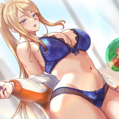 1girls, big breasts, bra, breasts, cleavage, female, female only, large breasts, metroid, panties, samus aran, solo, tinnies