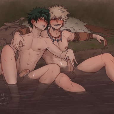 2boys, arm around shoulders, armwear, blonde hair, blush, blush, bodily fluids, completely nude, cum, gay, genital fluids, genitals, green hair, grin, in water