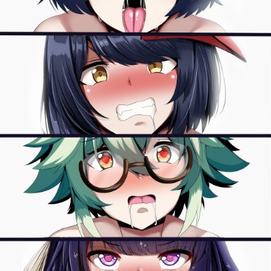 2:3, 4girls, ahe gao, artist name, astraea (atelierastraea), bird mask, black hair, blue hair, blush, brown eyes, clenched teeth, crying, crying with eyes open, drooling, eyebrows visible through hair