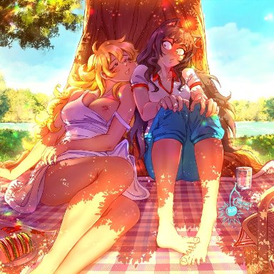 2girls, accidental exposure, blake belladonna, breasts out, cherryinthesun, date, drunk, funny, peeping, picnic, rwby, sleepy, yang xiao long, yuri