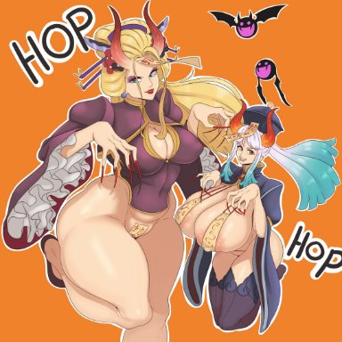 2girls, absurdres, big breasts, black maria (one piece), breasts, female, female only, halloween, highres, large breasts, one piece, sunnysundown, thick thighs, thighhighs, wide hips