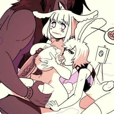 big penis, bunny boy, bunny ears, bunny girl, bunny tail, cuckold, cum, femboy, licking cum, netorare, paizuri, sketch, sunny (wolfgang bang), tagme, text