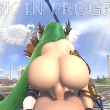 animated, armor, blue sky, buildings, bushes, butthole, clouds, edit, flowers, gold, green hair, kid icarus, nodusfm, palutena, penis