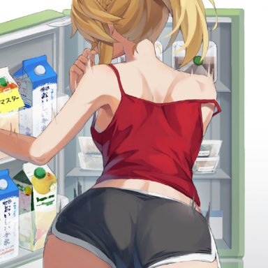 1girls, 2020s, 2021, anime, ass, ass grab, black shorts, blonde hair, booty shorts, bubble butt, butt crack outline, dolphin shorts, facing forward, fate/apocrypha, fate/grand order