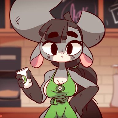 animated, apron, binggan, breast milk, breast milking, diives, furry, horns, iced latte with breast milk, long hair, meme, milk, milk squirt, milking, tagme