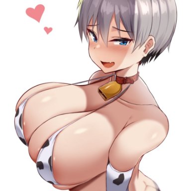 1girls, 2021, areola slip, areolae, ass cleavage, barely clothed, barely contained, blue eyes, blush, breasts, choker, cow horns, cow print, cow print armwear, cow print bikini