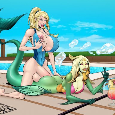 1futa, 1girls, 2021, anal, areolae, balls, big breasts, big penis, bimbo, black sclera, blue sky, bottomless, breasts, bubbles, clothed