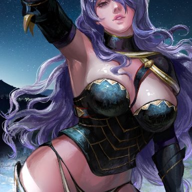 1girls, armor, armpits, bangs, black armor, black panties, boots, breasts, camilla (fire emblem), cleavage, commentary, english commentary, female, female, fire emblem