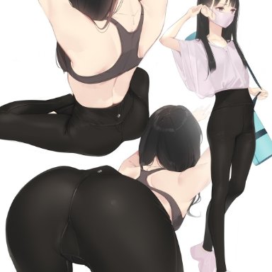 1girl, aienkien777, ama mitsuki, ass, ass up, black hair, facemask, fully clothed, leggings, long hair, sitting, thick ass, thick thighs, thighs, yoga