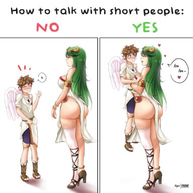 1boy, 1girls, age difference, ara ara, ass, blue eyes, blush, brown hair, clothed, dat ass, female, green eyes, green hair, heels, how to talk to short girls