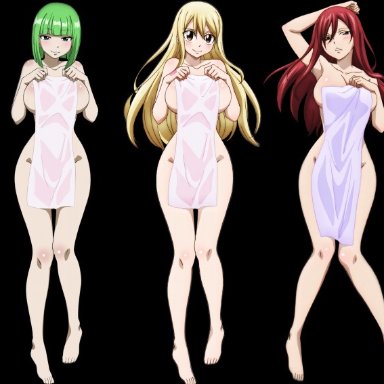 3girls, absurdres, bathing, black background, blonde hair, blush, brandish mew, brandish mu, breasts, erza scarlet, fairy tail, green hair, highres, large breasts, lucy heartfilia