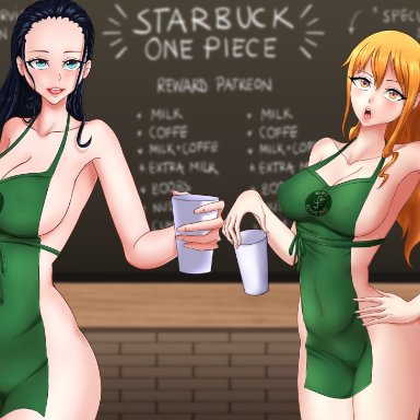 2girls, apron, apron only, areolae, arm tattoo, bare arms, bare legs, bare shoulders, big breasts, black hair, blue eyes, blush, breasts, busty, clothing