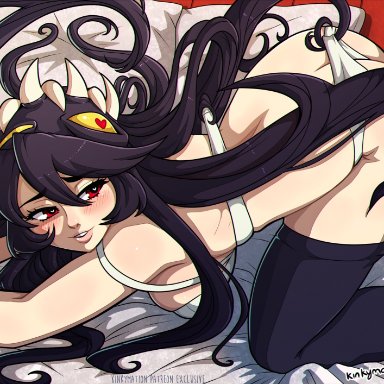 1girls, 2020, black hair, blush, filia (skullgirls), heart-shaped pupils, horny, kinkymation, lab zero games, lingerie, looking back, on bed, red eyes, samson (skullgirls), seductive