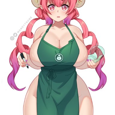 1girls, 2021, apron, apron only, artist signature, blush, breasts, cleavage, dragon girl, dragon horns, female, female focus, female only, green apron, hips