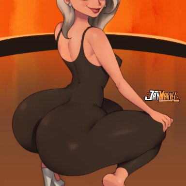 1girls, ass, big ass, breasts, dress, earrings, eye contact, female, grey hair, high heels, huge ass, jay-marvel, large ass, long hair, looking at viewer