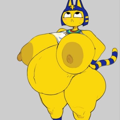 1girls, alternate version available, animal crossing, ankha, ass, bbw, belly, big ass, big belly, big breasts, big nipples, blue hair, blush, breasts, cat ears