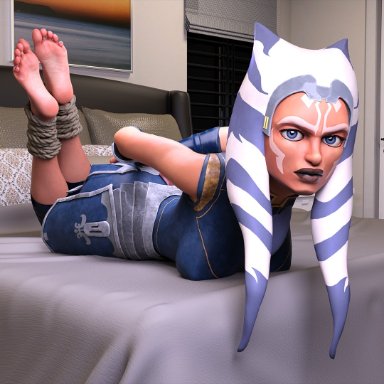 1girls, 3d, ahsoka tano, alien, alien girl, angry, arms behind back, artist name, barefoot, bed, bed covers, bedroom, blue clothing, blue dress, blue eyes