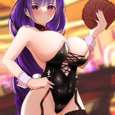 7676i, barely contained, big breasts, breasts, bunny ears, bunny girl, bunny tail, bunnysuit, choker, genshin impact, leotard, raiden shogun, revealing clothes, thick thighs, thighhighs