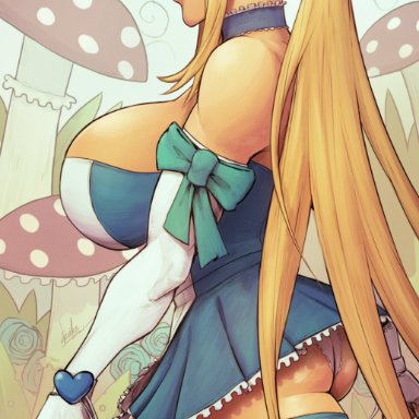 alice in wonderland, busty, choker, confident, cosplay, crossover, devil hs, female, female focus, female only, gloves, hourglass figure, large breasts, larissa (valkyrie saviors), mushroom