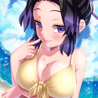 arm under breasts, beach, bedroom eyes, big breasts, bikini, black hair, butterfly hair ornament, cleavage, close-up, demon slayer, female, female only, finger to mouth, gokujouhamael, kimetsu no yaiba