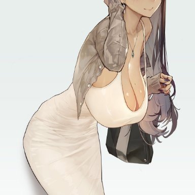 adjusting hair, bent over, big breasts, blue eyes, boobs and butt pose, brown hair, dark-skinned female, dark skin, deep cleavage, duto, evening gown, jacket, long hair, nail polish, one piece dress